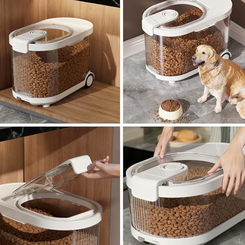 Airtight Dog Food Storage Container with Desiccant Chamber,Cat Food Storage with Timer,Wheels & Scoop,7 Liter,10-12 lbs/7 kg,for Small Dog,Cat & Bird Feed,Clear BPA-Free Slim Rolling Bin with Lid