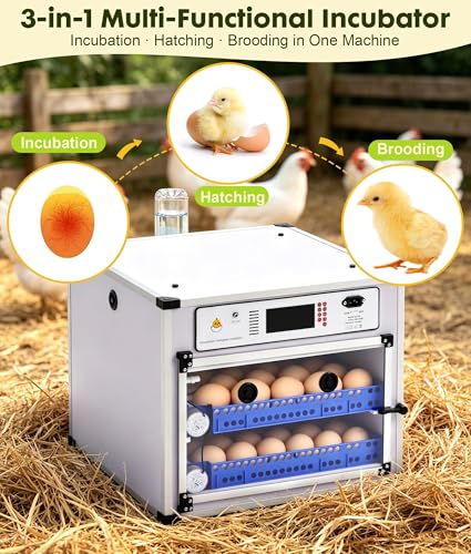 136 Eggs Automatic Egg Incubator with Auto Turner, Digital Temp Humidity Control & Water Refill, Poultry Incubator for Chicken Duck Goose Quail Pigeon Eggs, AC110V/DC12V Dual Power