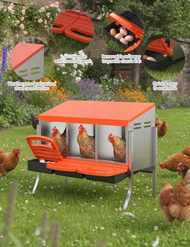 Metal Chicken Nesting Box with Easy-Collect Tray & Lid – 3/4/2x2 Compartment Heavy Duty Roll Away Nesting Boxes for Chickens, Wall Mount or Freestanding, Galvanized Steel Hen Laying Box for Coop
