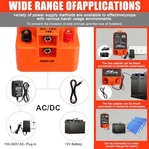 MorningRo 2.5j Electric Fence Charger with Digital Display & Alarm, Ac Dc 2 in 1 Power, 12v Input 8kv/12kv Output, 50 Black Electric Fence Insulator, 1 Socket Tool, 250ft Aluminum Wire Animal Control