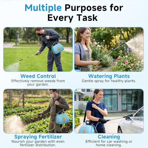 Battery Powered Garden Sprayer 2 Gallon, 7.4V Rechargeable Weed Sprayer with 3 Pressure Mode, 5 Spray Nozzles, Telescopic Wand, Battery Indicator, Adjustable Strap for Lawn Garden, Blue - color: Blue