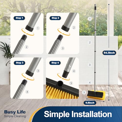 Yocada Deck Brush with 4-Section Extendable Handle Floor Scrub Brush | Soft &Medium Bristles Non-Slip Grip for Outdoor Deck Patio Bathroom Garage Concrete Cleaning 54.3 Inch
