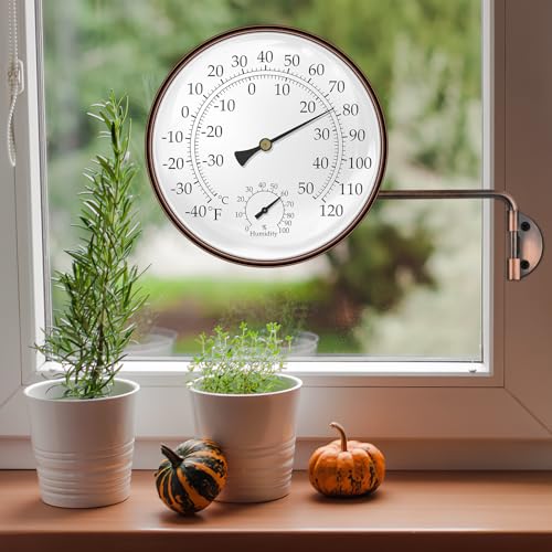 6 Inch Outdoor Thermometer and Humidity Gauge, Brass Analog Dial | Window Thermometer for Outside Temperature & Humidity Monitor, Battery Free for Patio Garage Greenhouse Garden Wall - color: Brass, size: 6 Inch