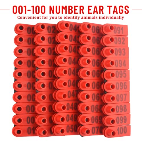 WMYCONGCONG 1-100 Number Plastic Livestock Ear Tag Animal Tag and 1 PCS Ear Tag Applicator for Goat Sheep (Red)
