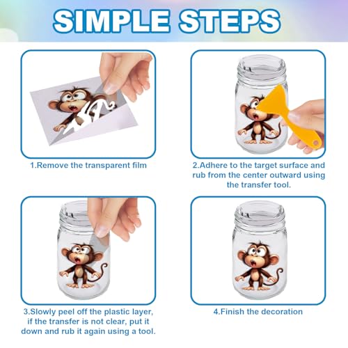 GLOBLELAND 18 Sheets Funny Monkey Transfer Sticker for Crafts 3.9x3.6 inch Cartoon Monkey Decal Stickers Cartoon Animals Rub on Transfers for Animal Lovers Cup Bottle Vase Glass Furniture Decor - style: Monkey