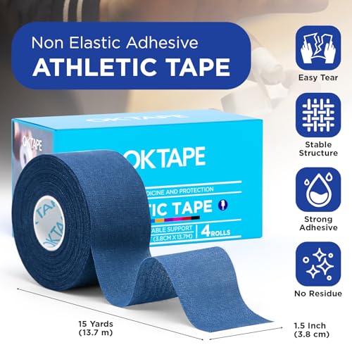 OK TAPE 4 Rolls Athletic Tape, Sports Tape, Very Strong, Easy Tear | Medical Tape, Wrist Tape, No Sticky Residue, Secure Ankle, Finger, Knee- 1.5inch x 15yards (Blue) - color: Blue-4 Rolls, size: 15 yards