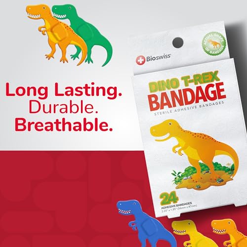 BioSwiss Bandages, Dinosaur Shaped Self Adhesive Bandage Set, Latex Free, Sterile Wound Care, 24 Count - size: 24-Count Box, style: Dinosaur
