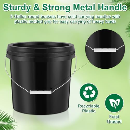 Tioncy 24 Pcs 2 Gallon Plastic Buckets with Lids and Handles,Black | Storage Pails for Paint, Cleaning, Organizing, Durable Containers, Metal Handles, Plastic Material - color: Black