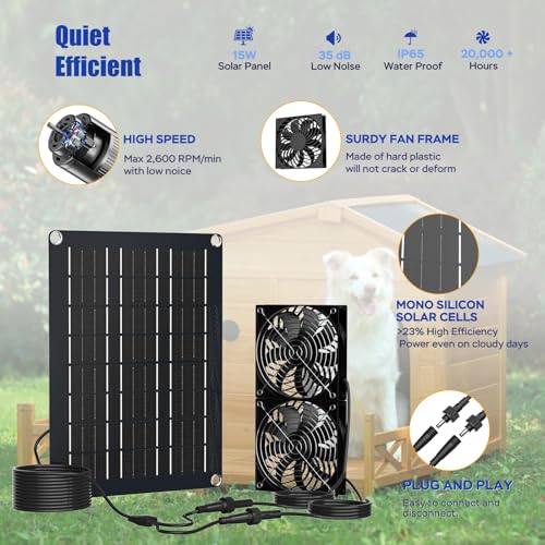 MARBERO 4.7 Inch Solar Powered Fan Kit, 15W Solar Panel with 2 Waterproof Fans, Intake or Exhaust Air Fan wtih 13 Ft Cable for Outside Backyard Chicken Coops, Greenhouses, Dog Houses, Pet Houses - color: Brown