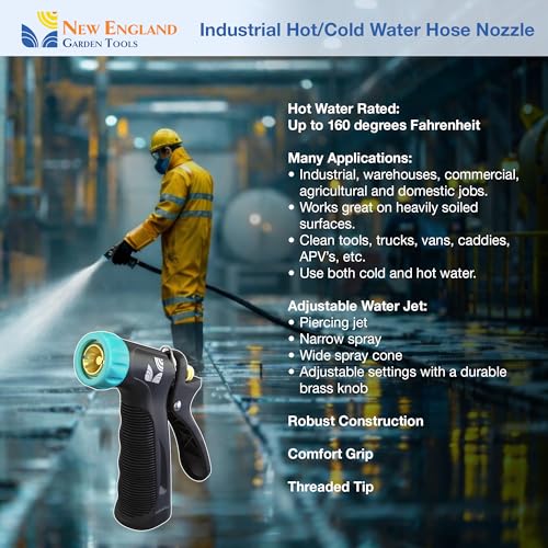 Industrial Hot/Cold Water Jet Hose Nozzle 500012 with Threaded Tip, Rear Trigger and Comfort Grip by New England Garden Tools for Cleaning Kitchens & Work Sites, Watering Plants & Yards, Washing Cars