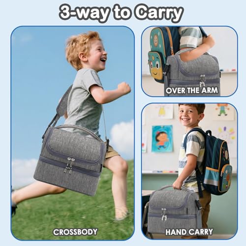 FlowFly Double Decker Cooler Insulated Lunch Bag Large Tote for Boys, Girls, Men, Women, With Adjustable Strap (Grey) - color: Gray