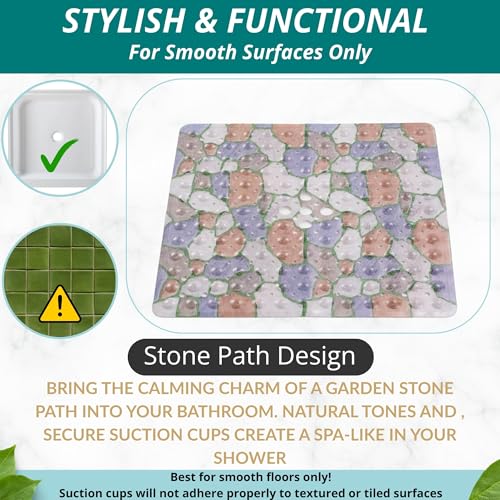 ENKOSI Square Shower Mat 21x21 inch - Anti Slip Shower Stall Floor Mat - Non Slip Shower Mats with Strong Secure Suction Cups and Drain Holes in Middle (21x21 Stone Path) - color: Stone Path