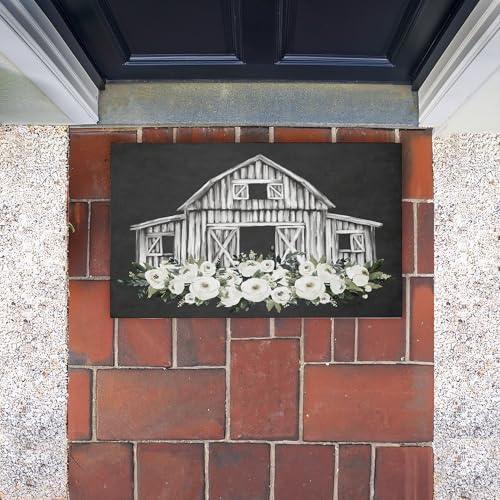 Stupell Industries Rustic Barn with White Roses, 30 x 18 | Outdoor Door Mat, Durable Non-Slip Woven Natural Texture, Recycled Rubber Backing | by Lettered and Lined