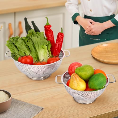 2PCS Colander for Kitchen, 3QT and 5QT, Stainless Steel Colander Strainer with Handle for Fruits Vegetables Cooking Food, Dishwasher Safe - size: 3QT+5QT