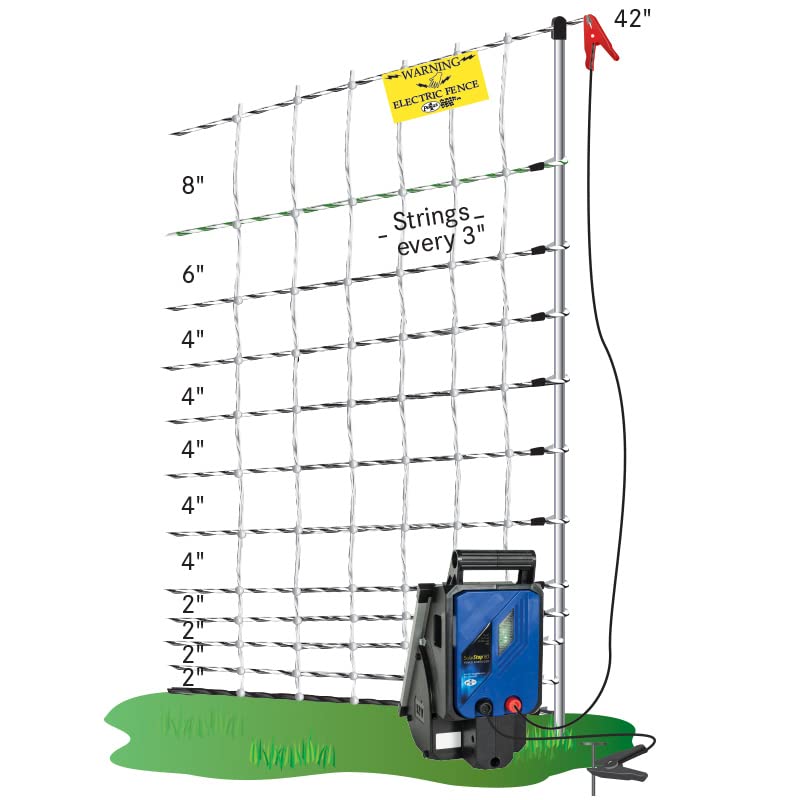 Premier 1 PoultryNet® Plus, Starter Kit for Chickens – 42"H x 100'L | Green/black. Includes solar energizer, support posts & tester. Double spike, posts every 6.8 ft to reduce sag. For poultry.