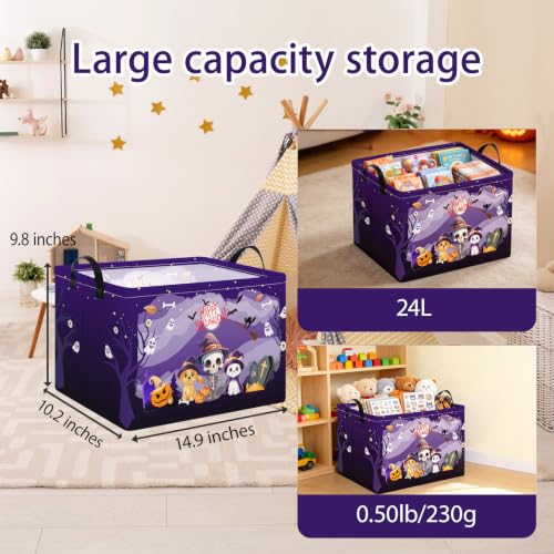 Purple Spooky Night Halloween Basket with Kitten Puppy Ghost Prints,Trick or Treat Storage basket for Gifts and Party Stuffers(Kitten Puppy Skeleton) - color: Kitten Puppy Skeleton