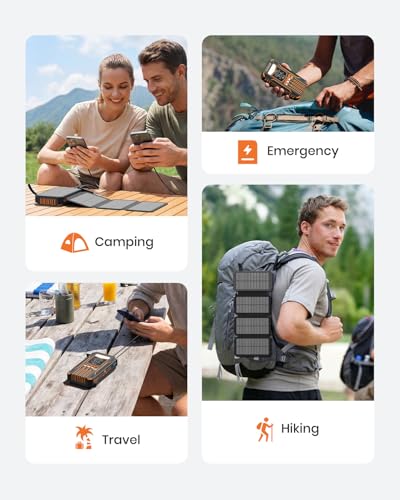 A ADDTOP Solar Charger Power Bank 20000mAh Built-in 4 Cables, Wireless Portable Charger with 4 Solar Panels and 3 USB Ports, PD QC 3.0 Fast Charging Battery Pack for Cell Phone, Tablets(Orange) | 4 Solar Panels, Built-in 4 Cables, 3 USB Input/Output Ports