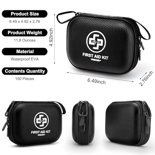 Mini First Aid Kit - 150 Piece Small Waterproof Hard Shell Medical Kit | Compact First Aid Kit with Comprehensive Supplies for Home, Car, Truck, Travel, Camping, Hiking, Sports, Office & Outdoor - color: Black