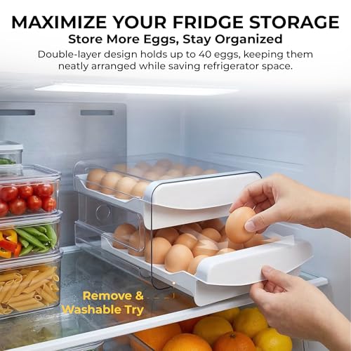 ALKAMI Egg Organizer for Refrigerator with Lid, Multi-Layer Egg Storage Container for Fridge 40 Eggs, Clear Plastic Dispenser Tray with Anti-Roll Cups, Large Capacity Space Saving Egg Bin