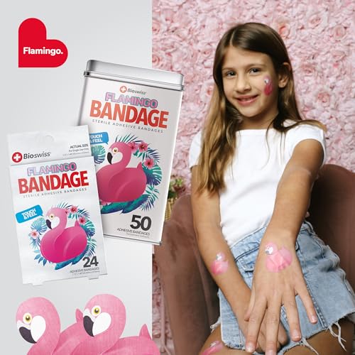 BioSwiss Bandages, Flamingo Shaped Self Adhesive Bandage Set, Latex Free, Sterile Wound Care, 50 Count - size: 50-Count Tin, style: Flamingo