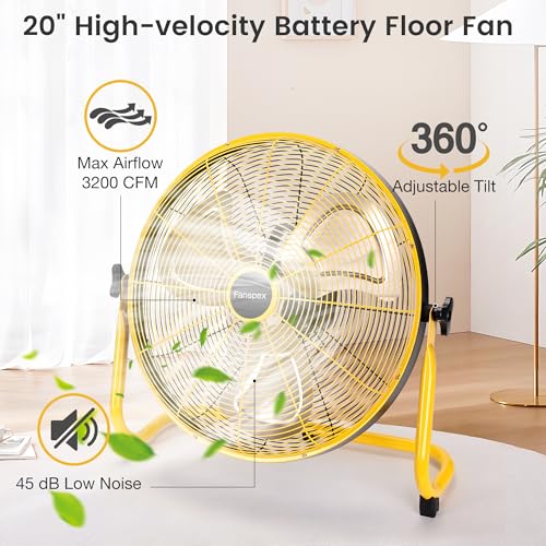 Fanspex 20" Solar Rechargeable Floor Fan for Outdoor Gazebo Greenhouse Barn | 111 Wh Battery Operated Fan, 360° Tilt with 35W Solar Panel Powered for Patio Camping Cooling or Air Circulation - size: 20"