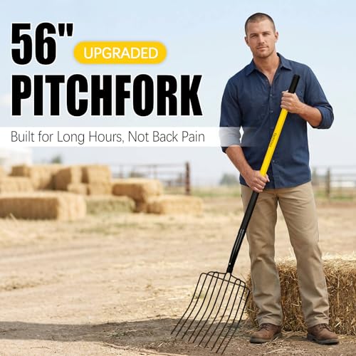 Nohovu Heavy Duty 10 Tine Pitchfork with Fiberglass Handle, 56 Inch Garden Fork for Hay, Compost, Mulch & Yard Work