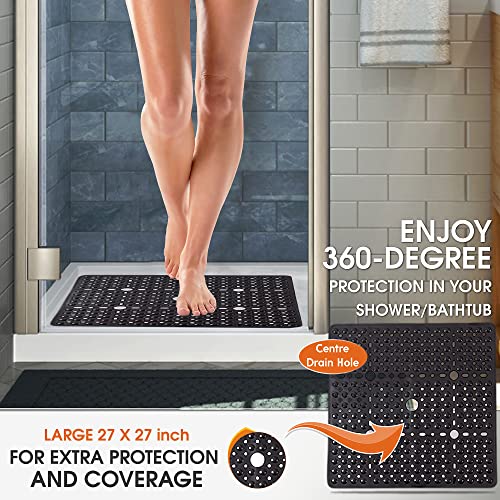ENKOSI Square Shower Mat 27x27 inch - Large Anti Slip Bathroom Shower Stall Mats for Smooth Shower Floors - Square Bath Mat with Strong Secure Suction Cups and Drain Holes in Middle (White 27x27) - color: White