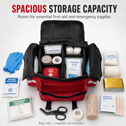 NOVAMEDIC NM-RO63P Professional First Responder Bag, 17” x 9” x 7” Empty EMT Trauma Kit Carrier with Removable Dividers, Reflective Strips, Water-Resistant Base for Emergency Medical Supplies (Red) - color: Red