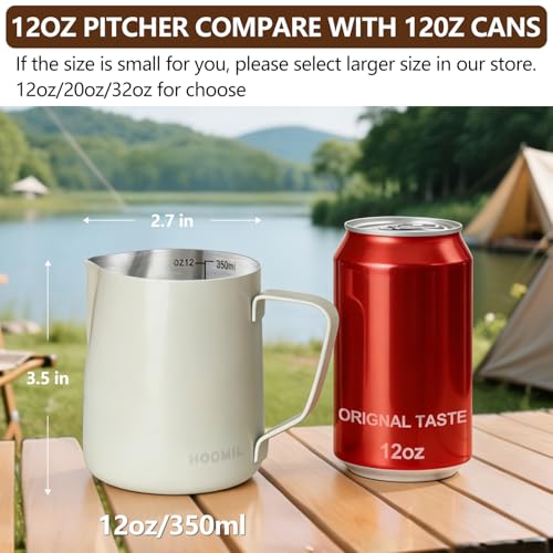 HOOMIL Milk Frothing Pitcher, 12oz/20oz/32oz 304 Stainless Steel | Steaming Pitcher with Clear Scale, Barista Milk Frother Cup Jug for Espresso Machine Coffee Cappuccino Latte Art - 12oz - color: Matte White, size: 12 Ounces