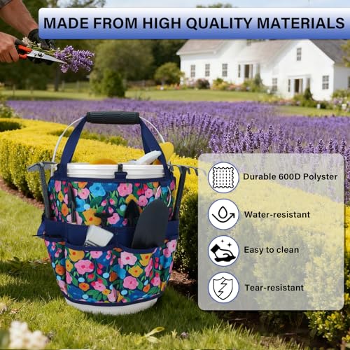 KUNN 18-Pocket Bucket Tool Organizer | Heavy-Duty 5 Gallon Bucket Caddy with Hangable Handle | Gardening Tool Bag & Garden Caddy Accessory for Gardeners, Blue - color: Blue Bloom