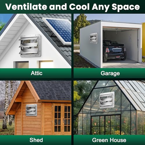 Solar Exhaust Fan 12“ for Greenhouse with Smart Thermostat, Battery | Solar Powered Attic Fans, 2PCS 30W Bifacial Panels, Wall Mount, Metal Build, Stable, for Outdoor, Garage, Shed, Chicken coop - size: 12 Inch