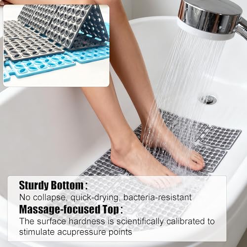 Non Slip Shower Mat for Bathtub with Strong Suction Cups | Quick-Dry Drain holes. Firm Yet Elastic Surface Massages Feet, Boosts flow. Sticks to wall to dry, folds, 26.2"x15.6" Gray - color: Gray, size: 26.2" x 15.6" (Rectangular)