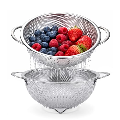 Palksky Small Colander Set of 2, 800 mL / 0.85 Qt Stainless Steel Mini Colanders with Riveted Handles, Footed Base & Micro-Perforations, Berry Wash Bowl for Berries, Fruits, Vegetables & Pasta - color: Small Colander 2 PCS