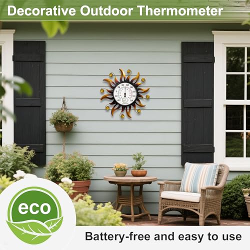 13" Sun Outdoor Thermometer Hygrometer, Metal Wall-Mounted Thermometer | Waterproof Decor for Patio, Garden, Garage & Indoor, Outdoor Thermometers Humidity Gauge, Easy-to-Read No Battery Needed Gift - color: Golden yellow, size: 13 INCH