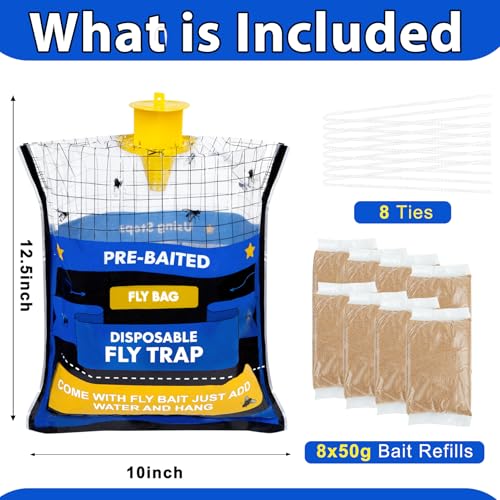 Large 8 Pack Pre-Baited Fly Traps Outdoor Fly Trap for Patio Farm Ranch | 50g Dissolvable Bait Fly Hunter for Flying Insects, Weatherproof Outdoor Fly Bags, Fly Catcher for Chicken Coop Barn - size: 8 Packs