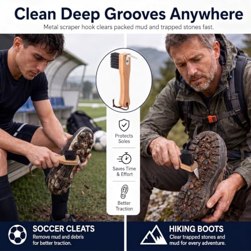 2 Pcs Handheld Shoe Sole Mud Brush with Pick Heavy Duty Stiff Bristles Cleat Scraper Wood Boot Brush for Bottom Mud Remover for Golf Soccer Hiking Boots Farm Outdoor Footwear
