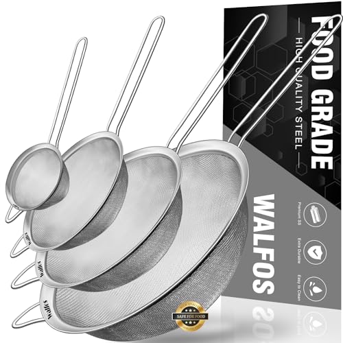 Walfos Extra Fine Mesh Strainer Set of 4-9.35", 6.95", 4.6", 2.7", Stainless Steel 30 Mesh Sieve with Sturdy Handle, Kitchen Food Strainers Sifters for Quinoa, Pasta, Fruits, Vegetables, Rice, Tea - style: 4pcs (2.7", 4.6", 6.95", 9.35") Strainers