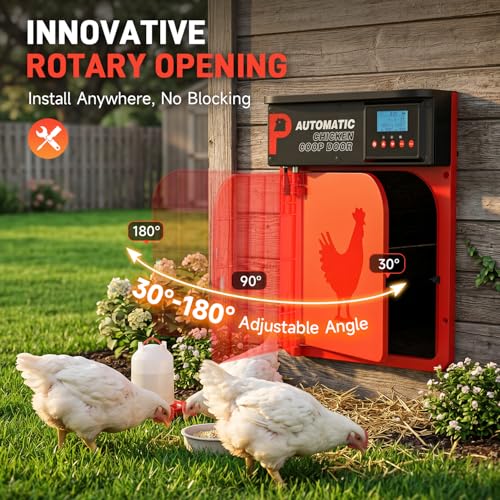 Automatic Chicken Coop Door with Solar Panel | Upgrade Door Opening, Anti-Pinch, Remote Control, Timer & Light Sensor, Weather Proof, 4 Modes, Easy Install - color: Red