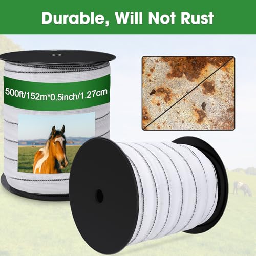 2 Rolls 500 ft x 1/2 Inch Electric Fence Polytape for Horse Livestock Cattle, High Visibility Electric Fencing Tape for Farm Temporary Horse Fence - size: 500ft X 1/2in