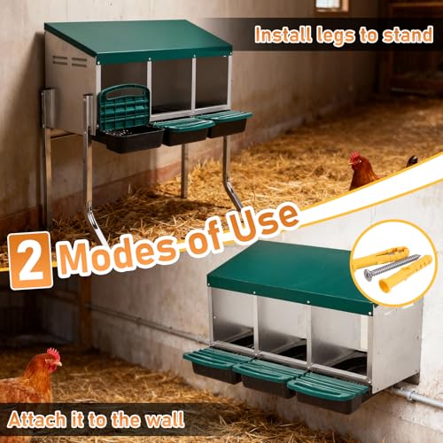 Outvita Chicken Nesting Boxes, 3 Compartments Metal Nesting Boxes for Chickens with Metal Legs, Wall/Floor Mount for Laying Eggs with Swing Perch and Roll Away Egg Collection for Chicken Coop, Green