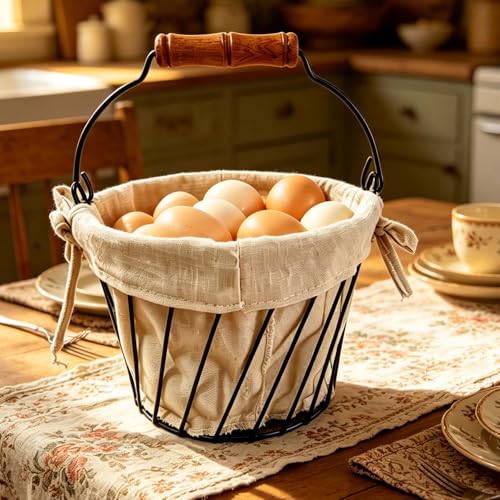 Wire Egg Basket for Gethering Fresh Egg,Egg Collection Basket | removable Colth liner Farmhouse Egg Basket for Gathering Fresh Eggs for Kitchen Countertop, Reusable & Durable