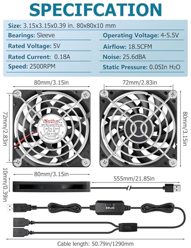 Wathai 2pcs 80mm x 10mm USB Computer Fan, USB Fans for Cooling DIY Exhaust | 2 in 1 Samll Fan for Cooling Receiver DVR PlayStation Xbox Computer Cabinet Cooling 80x80x10mm - size: 80x10mm (5V)