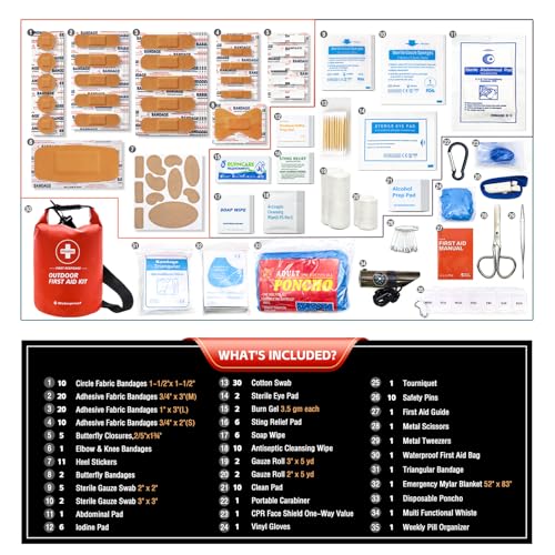 Waterproof First Aid Kit 186 Pcs Survival Gear, Portable Small Boat Dry Bag Bug Out Bags, Emergencies Medical Kit Ideal for Boating, Fishing, Hiking, Camping, Kayaking (Red) - color: Red