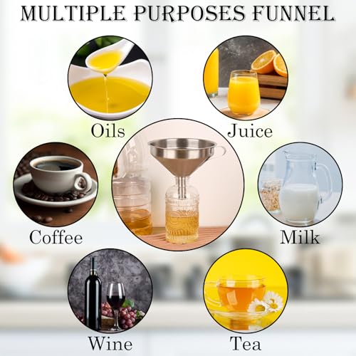 WMKGG 304 Stainless Steel Funnel,Funnels for Kitchen Use Filling Bottles | 5 Inch,with 200 Mesh and 100 Mesh Fine Mesh Strainer, for Oils, Juice, Wine, Coffee, Milk, Tea, Powder - size: Funnels+Strainer