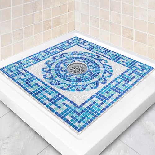 Square Shower Mat Non Slip: 27 x 27 Inch Large Shower Mats with Drain Hole in Middle - PVC Loofah Anti Slip Shower Floor Matt for Inside Shower - color: Blue Mosaic, size: 27" x 27" (Square)