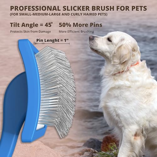 Slicker Brush for Dogs, Large Doodle Brush with Wooden Handle for Goldendoodle, Labradoodle & Poodles, Extra Long Pins for Dematting, Removing Mats & Thick Curly Coats(Blue,Large) - color: Blue