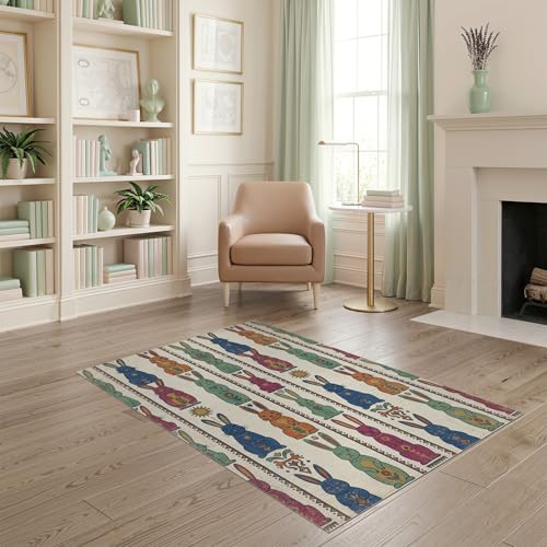 4'x6' Washable Bohemian Bunny Accent Rug, Green Non-Shedding Small Carpet Pet Friendly & Non-Slip for Playroom, Bedroom, Reading Nook | Ref:1969466 - color: Beige/Pattern 3, size: 4' x 6' (Rectangular)