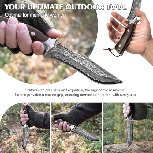 Real Damascus Hunting Knife, 10.4" VG10 Bowie Leather Sheath | 67-layer forged craftsmanship with authentic rosewood grip and durable cowhide exterior cover for outdoor camping tasks - style: Damascus Steel-1