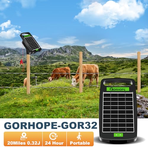 20 Miles Solar Electric Fence Charger,0.32J Powered 24-Hour Protection | Solar Electric Fence with Tempered Glass Solar Panel,14-Day Continuous Protection Without Sunlight,for Livestock Protection - style: GOR32（20M0.32J）