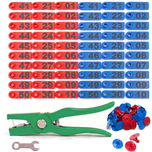 TPU Livestock Ear Tags100pcs 01-50 Number with Ear Tagger Pliers Tool, Green & Red Numbered Animal ID Tags for Sheep Goat Cattle Pig, Durable Farm Identification Tools (50 Pcs Each Color) - color: Blue and Yellow